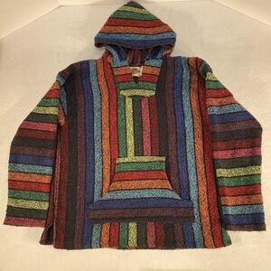Earth Ragz XL Baja Hoodie Striped Rainbow Mexican Drug Rug Pullover Hippie Boho